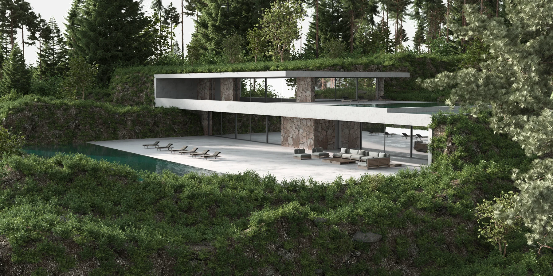 Architectural residence and pool framed by a wooded setting
